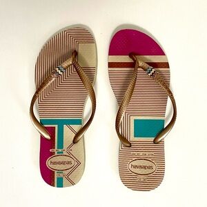 2/$20 Havaianas Rose Gold Slim Flip Flops with Charm